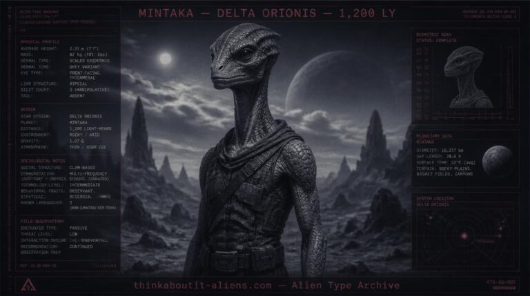 Illustration of the Grail, a tall saurian-Grey species native to the Mintaka star system