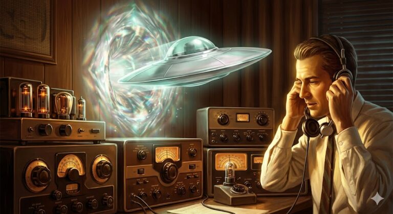 A 1960s radio operator receiving a holographic transmission of a Koldasian Astra-Craft saucer.