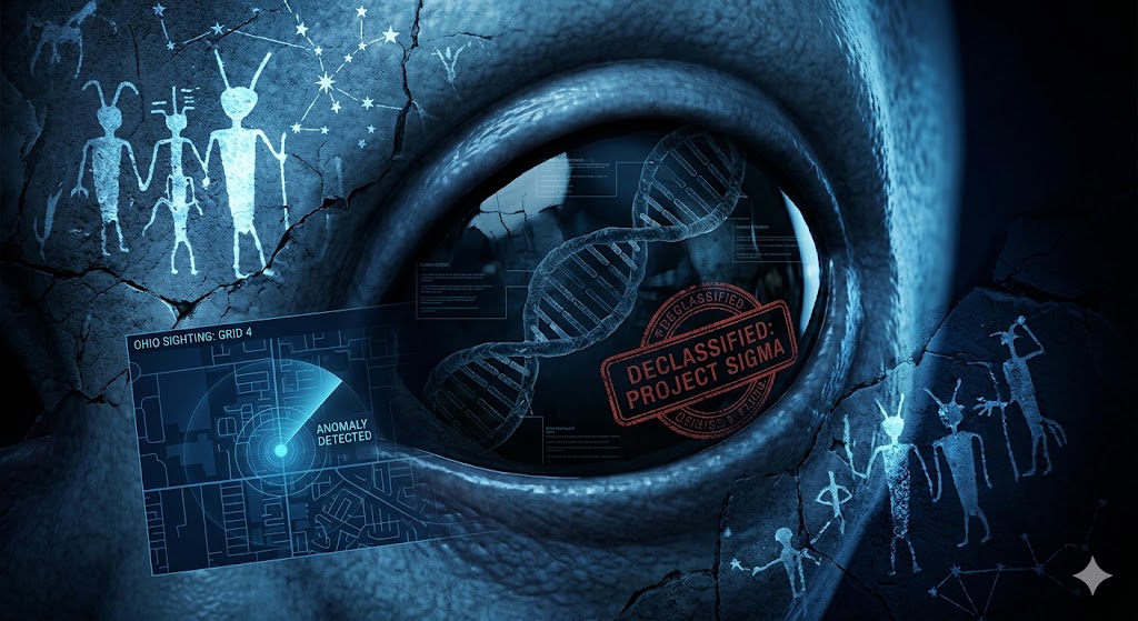 A research collage featuring a Grey alien's eye, human DNA strands, and government Project SIGMA documents.