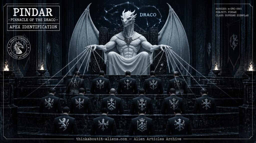 Towering white-scaled winged Draconian figure on an obsidian throne in a torch-lit stone chamber with thirteen dark-suited human figures arrayed below connected by white control lines, Draco constellation behind