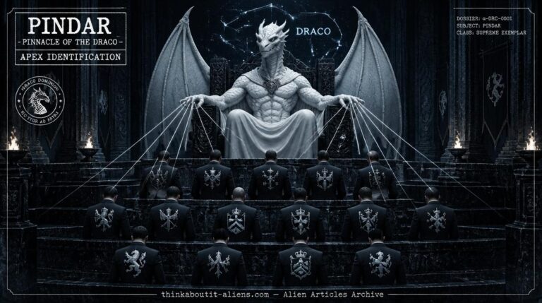 Towering white-scaled winged Draconian figure on an obsidian throne in a torch-lit stone chamber with thirteen dark-suited human figures arrayed below connected by white control lines, Draco constellation behind