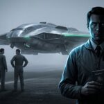A human-looking pilot in a flight suit standing near a hovering UFO, representing the alien recruitment theory.