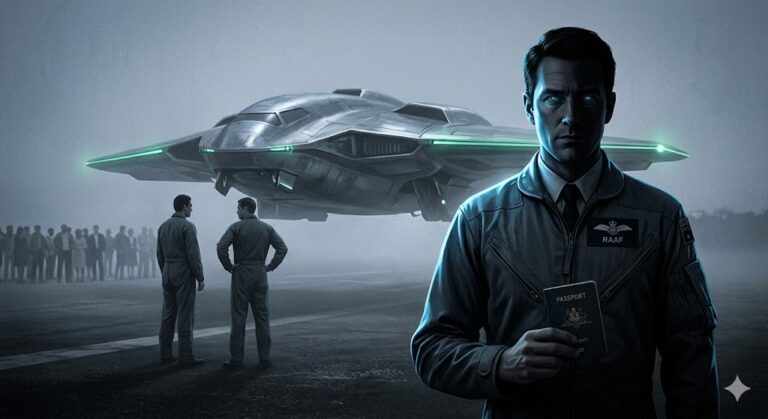 A human-looking pilot in a flight suit standing near a hovering UFO, representing the alien recruitment theory.