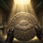 An ancient Mayan disk showing a pilot in a spacecraft, found at the Calakmul archaeological site.