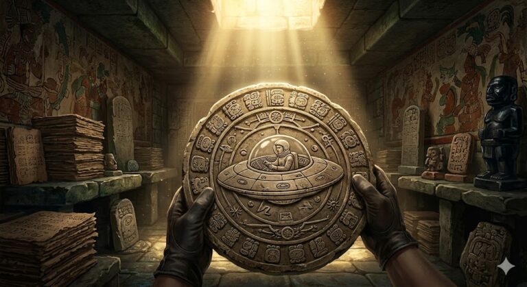 An ancient Mayan disk showing a pilot in a spacecraft, found at the Calakmul archaeological site.