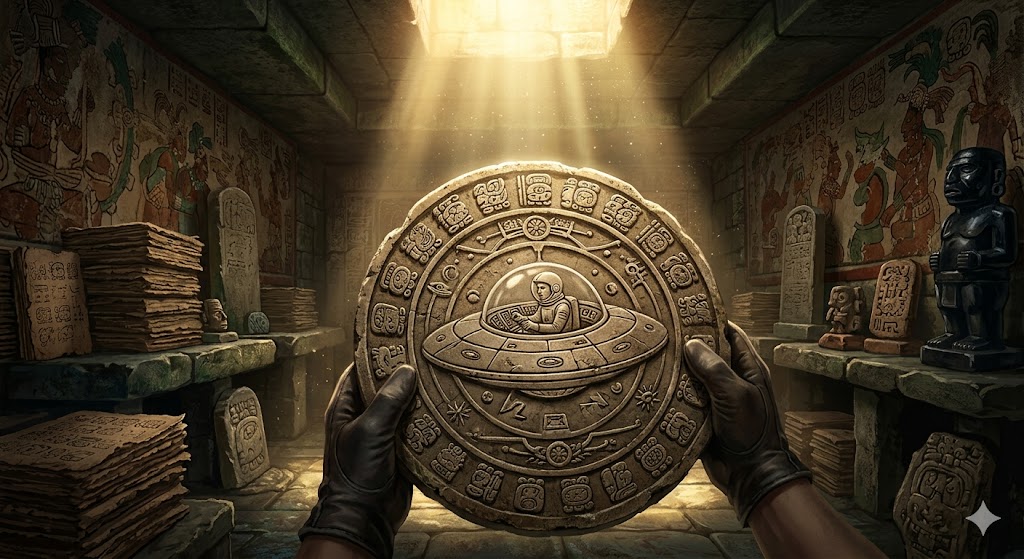 An ancient Mayan disk showing a pilot in a spacecraft, found at the Calakmul archaeological site.