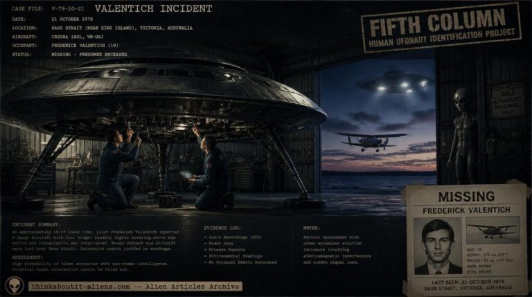 Hangar interior with two human mechanics in military coveralls working under a disc-shaped craft while a Grey observes from a doorway, with Frederick Valentich's Cessna and hovering craft visible through the hangar door