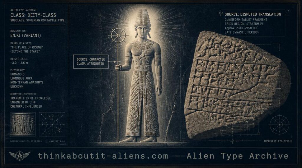 Illustration of a tall, radiant humanoid figure styled after Sumerian relief carving, standing beside a weathered cuneiform tablet fragment, styled as an archival dossier image
