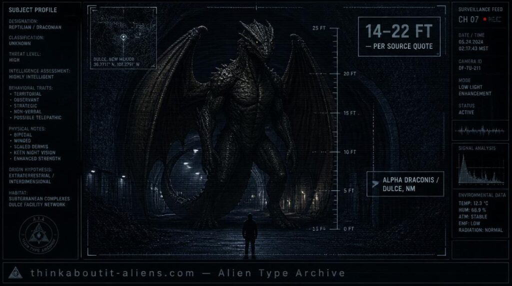 The Ciakar: Illustration of an enormous winged reptilian figure with dark scaled skin standing at a deep underground tunnel entrance, with a small human figure for scale, styled as a military intelligence dossier image