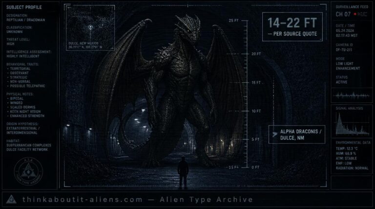 The Ciakar: Illustration of an enormous winged reptilian figure with dark scaled skin standing at a deep underground tunnel entrance, with a small human figure for scale, styled as a military intelligence dossier image