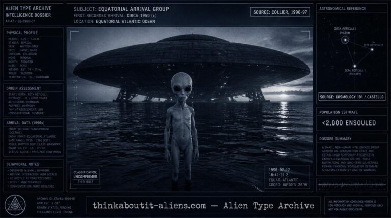 Illustration of a small whitish-grey humanoid figure with enlarged eyes standing before a massive ocean-surface mother ship at dusk, styled as a military intelligence dossier image