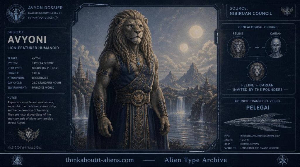 Feline (Lion Person): Illustration of a tall, lion-featured humanoid figure with a flowing mane standing before a stylized paradise world with twin suns, styled as an archival dossier image