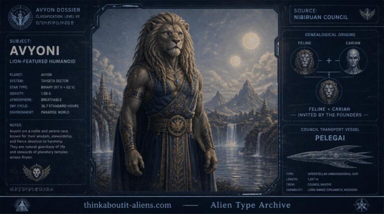Feline (Lion Person): Illustration of a tall, lion-featured humanoid figure with a flowing mane standing before a stylized paradise world with twin suns, styled as an archival dossier image
