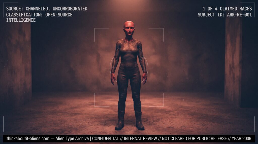 Red-skinned humanoid figure in a plain softly lit setting, illustrating the corrected ALT alien type from Patricia Cori's Sirian Revelations