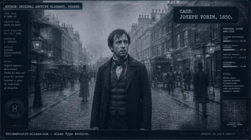 Illustration of a disoriented man in 1850s clothing standing in a faintly doubled, overlapping street scene, styled as an archival dossier image