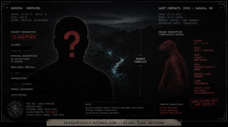 Intelligence dossier illustration of the Magell, an undocumented alien species, showing a redacted silhouette and a conflicting reptilian description