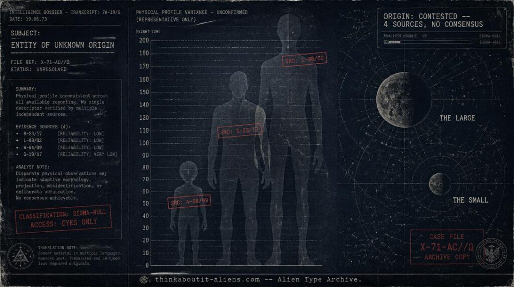 Intelligence dossier illustration comparing three silhouettes of different heights representing the Maitre's contradictory source descriptions