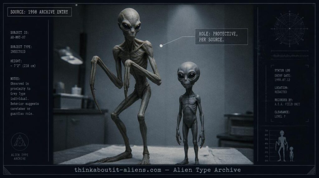 Mantis Beings: Illustration of a tall, thin, insect-appearing figure with a narrow face and slanted eyes in a praying-mantis crouch, standing beside a smaller Grey-type figure, styled as an archival dossier image