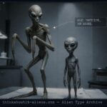 Mantis Beings: Illustration of a tall, thin, insect-appearing figure with a narrow face and slanted eyes in a praying-mantis crouch, standing beside a smaller Grey-type figure, styled as an archival dossier image