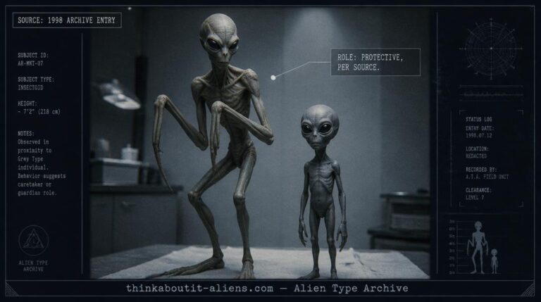 Mantis Beings: Illustration of a tall, thin, insect-appearing figure with a narrow face and slanted eyes in a praying-mantis crouch, standing beside a smaller Grey-type figure, styled as an archival dossier image