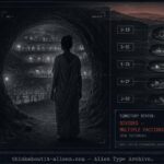 Dossier illustration of a tall humanoid Martian figure withdrawing into an underground settlement on a divided Mars