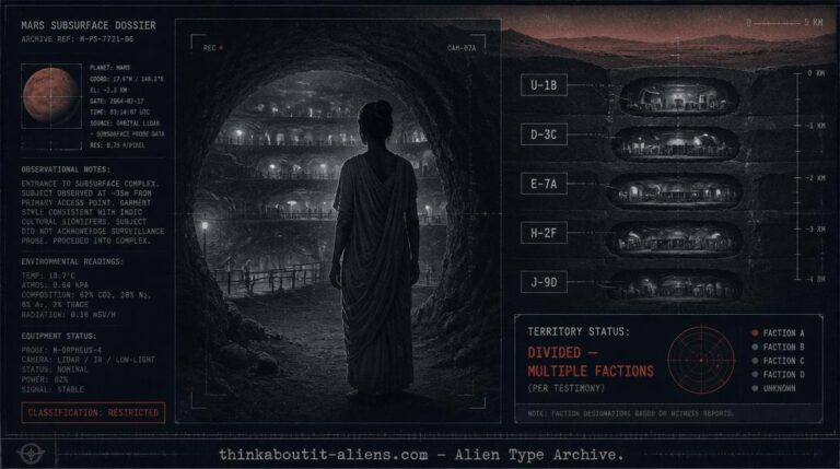 Dossier illustration of a tall humanoid Martian figure withdrawing into an underground settlement on a divided Mars