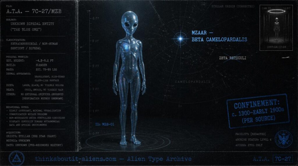 Dossier illustration of a small translucent blue-skinned Mazarek figure with a corrected star-system label