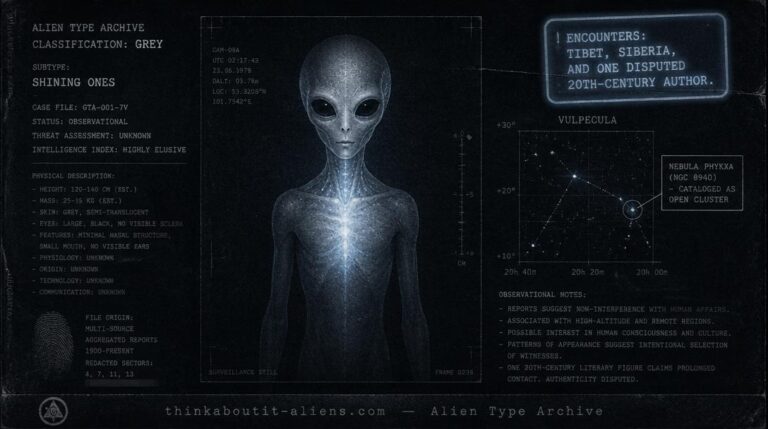 Dossier illustration of a small glowing Grey figure representing the corrected Moovianthan-Kayphik entry