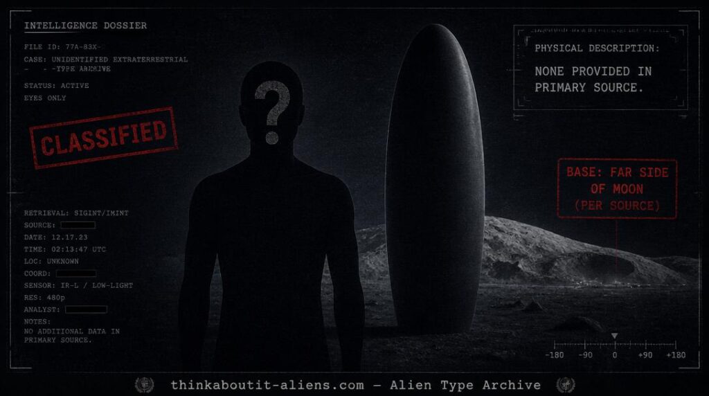 Intelligence dossier illustration of a featureless silhouette beside a plain vertical craft, representing the undescribed Mythilae