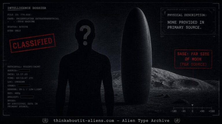 Intelligence dossier illustration of a featureless silhouette beside a plain vertical craft, representing the undescribed Mythilae
