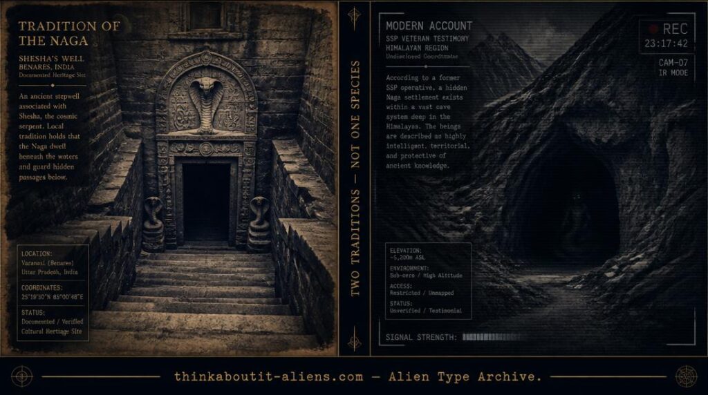 Nagas: Split dossier illustration contrasting the stone stairway of Shesha's Well with a modern cave-dwelling Naga account
