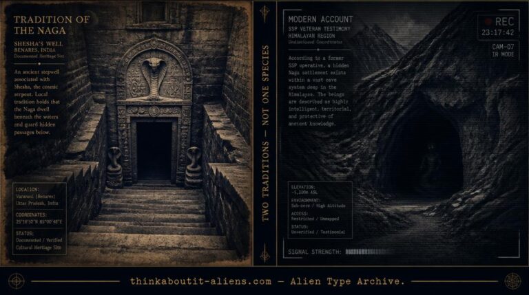 Nagas: Split dossier illustration contrasting the stone stairway of Shesha's Well with a modern cave-dwelling Naga account
