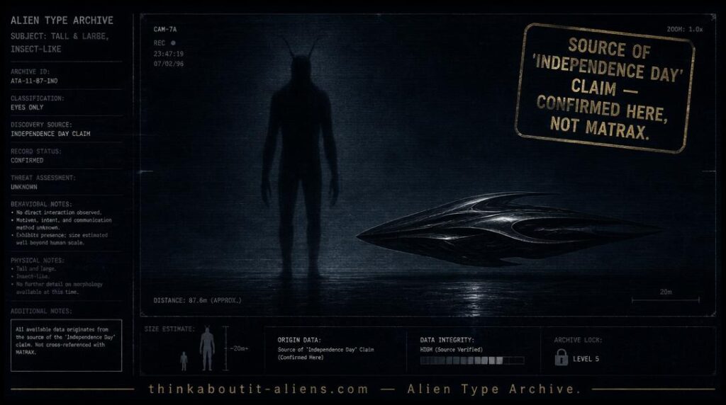 Dossier illustration of a tall, underspecified insectoid silhouette beside a dark elaborate ship, representing the corrected Negumak entry