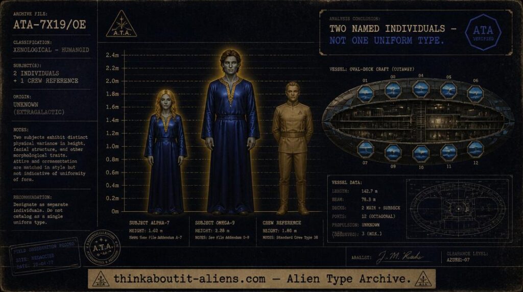 Dossier illustration of two differently-sized Nep-4 beings, Zeban and Liom, beside a tan-uniformed crew member and a windowed spacecraft