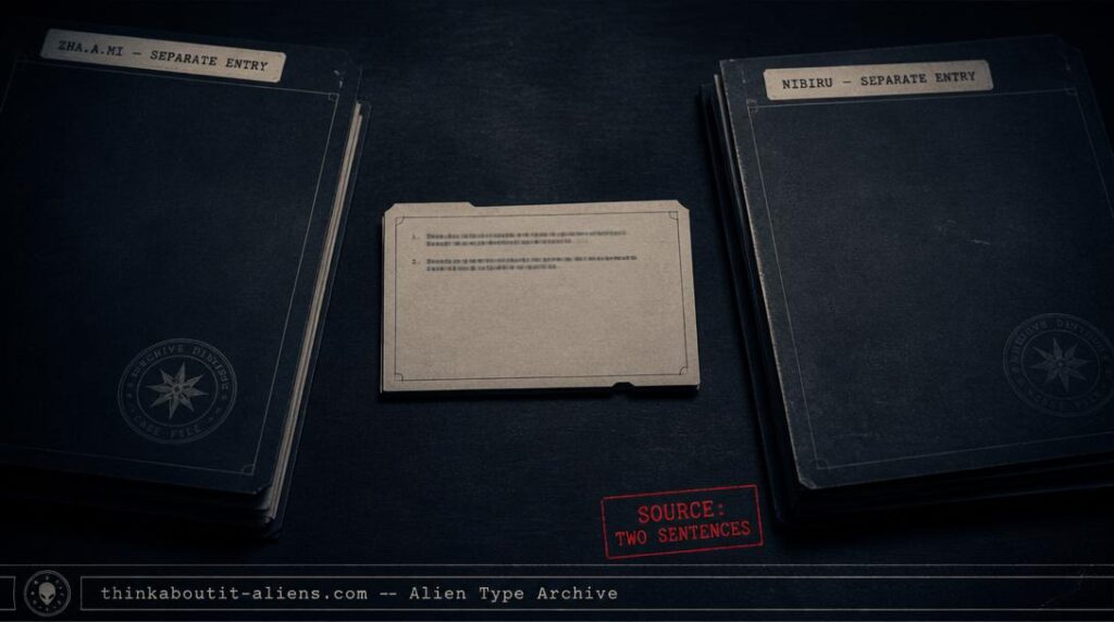 Dossier illustration of a small, mostly blank record card beside two separate stacked folders labeled Zha.a.mi and Nibiru