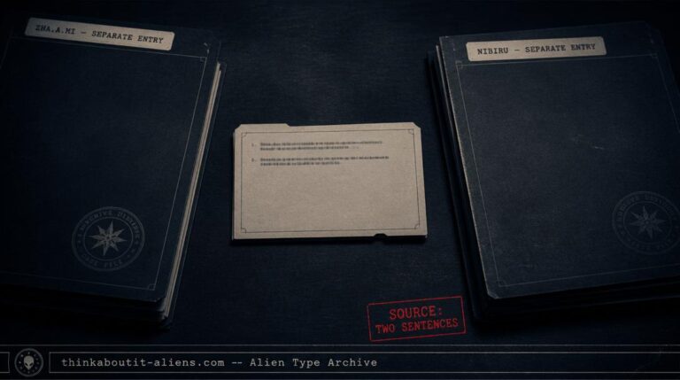 Dossier illustration of a small, mostly blank record card beside two separate stacked folders labeled Zha.a.mi and Nibiru
