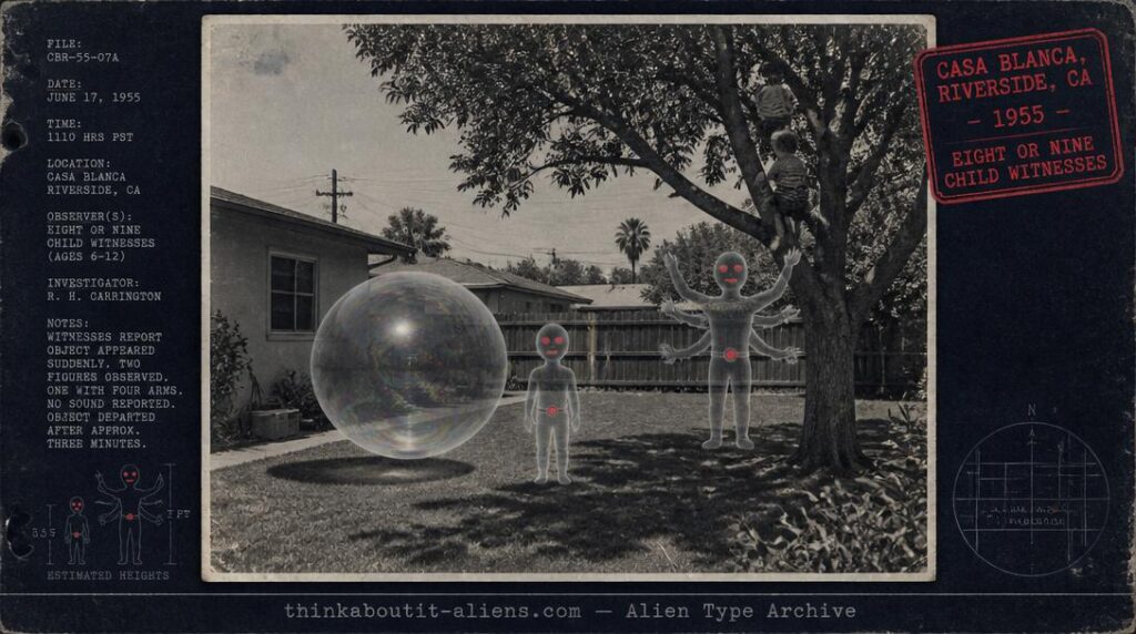 Dossier illustration of a small transparent red-eyed being with a belt disc and a separate four-armed figure near children climbing a tree in a California backyard