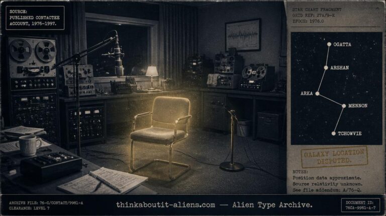 Dossier illustration of a softly lit 1970s channeling setting with an empty chair and a five-planet star chart