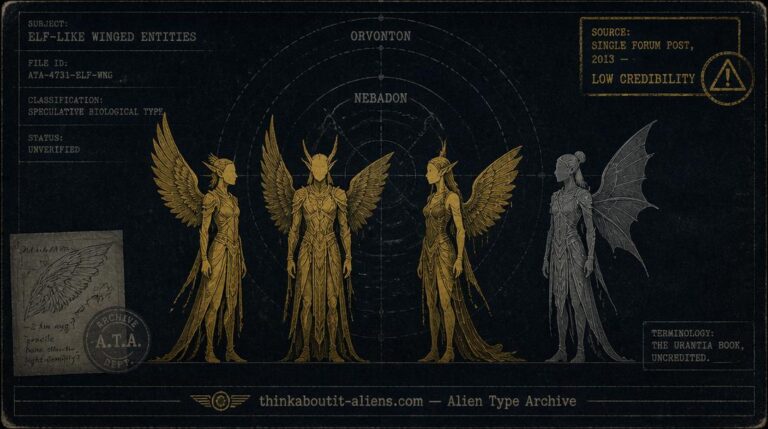Dossier illustration of four distinct winged elf-like figures representing the Paa Tal's four named races, with a diagram noting the account's low credibility