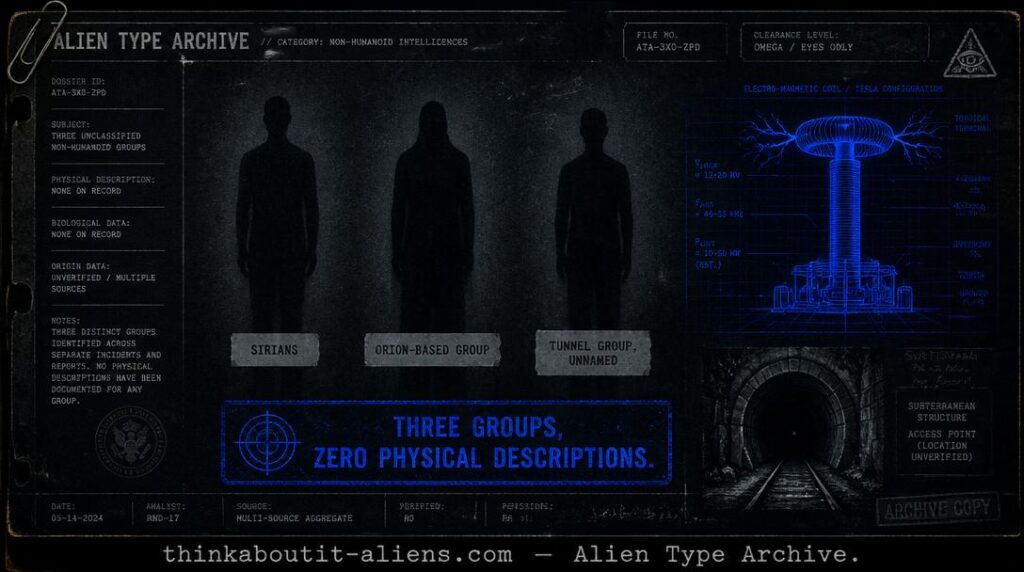 Dossier illustration of three separate featureless silhouettes labeled Sirians, Orion-based group, and Tunnel group, representing the undescribed Montauk Project aliens