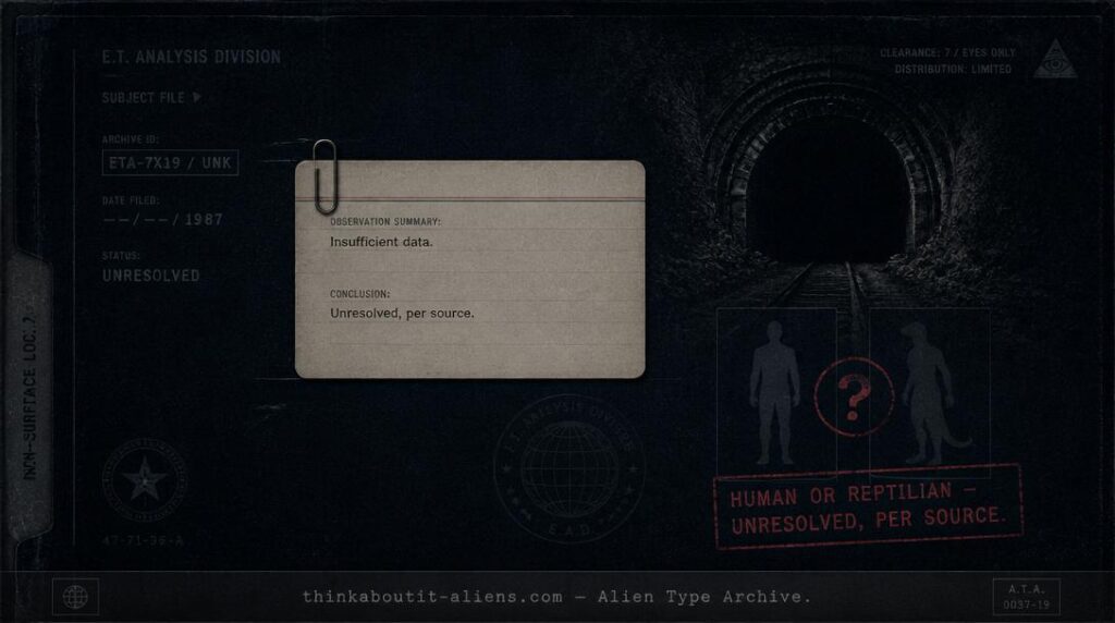 Dossier illustration of a small record card beside a faint tunnel entrance and an unresolved human-or-reptilian silhouette choice