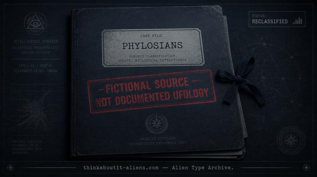 A closed case file stamped "Fictional Source — Not Documented Ufology" representing the reclassified Phylosians entry