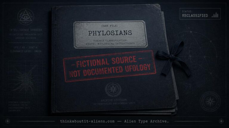 A closed case file stamped "Fictional Source — Not Documented Ufology" representing the reclassified Phylosians entry