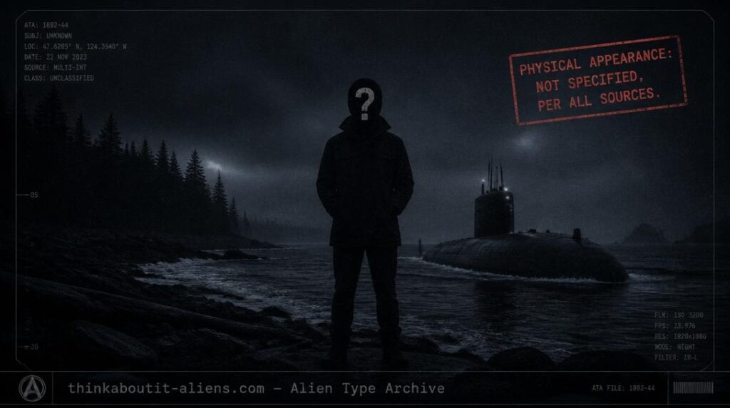 Dossier illustration of a featureless silhouette on a Pacific Northwest coastline beside a submarine-like vessel