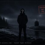 Dossier illustration of a featureless silhouette on a Pacific Northwest coastline beside a submarine-like vessel