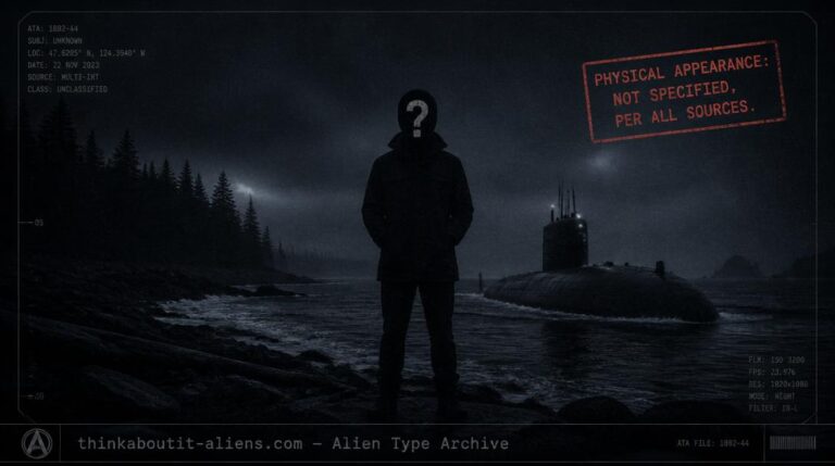 Dossier illustration of a featureless silhouette on a Pacific Northwest coastline beside a submarine-like vessel