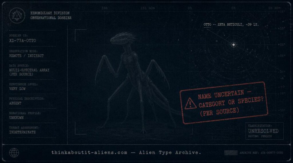Dossier illustration of an indistinct mantis-reptile hybrid silhouette with a stamp questioning whether "Quadloids" is a real name