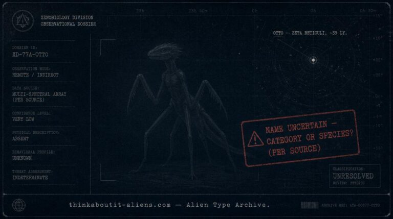 Dossier illustration of an indistinct mantis-reptile hybrid silhouette with a stamp questioning whether "Quadloids" is a real name