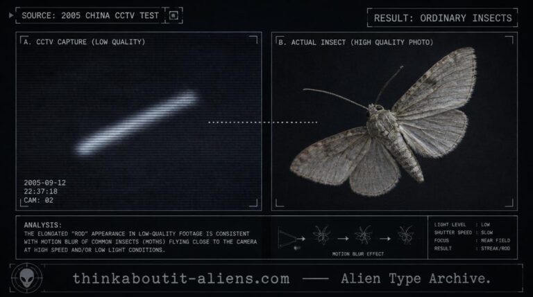 Side-by-side illustration comparing a blurred elongated rod shape in low-quality video to a sharp photograph of an ordinary moth in flight, styled as an explanatory archival dossier image