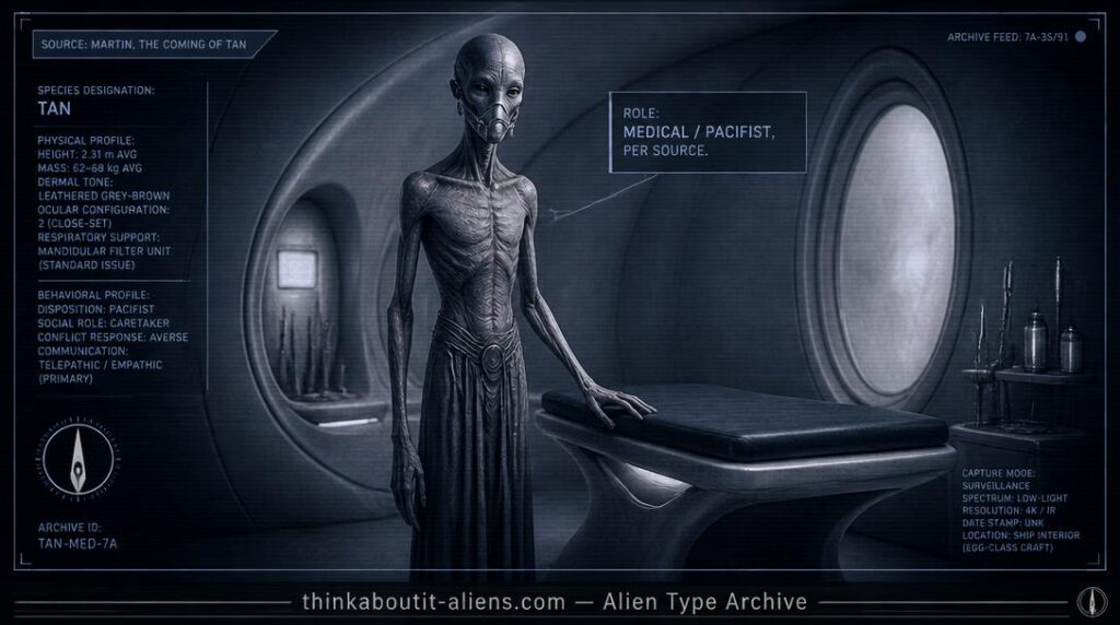 Illustration of a tall, bony, leather-skinned humanoid figure with a breathing device over its mouth standing beside a medical examination table, styled as an archival dossier image